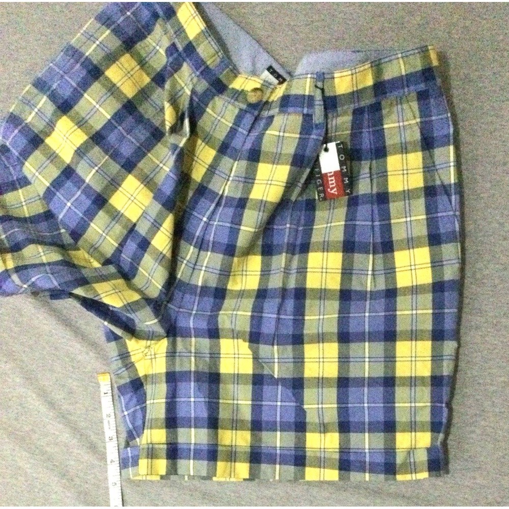 Vtg Tommy Hilfiger Plaid Shorts Womens Size 1 Blue Yellow Pleated Cotton Y2K NWT - Picture 12 of 16